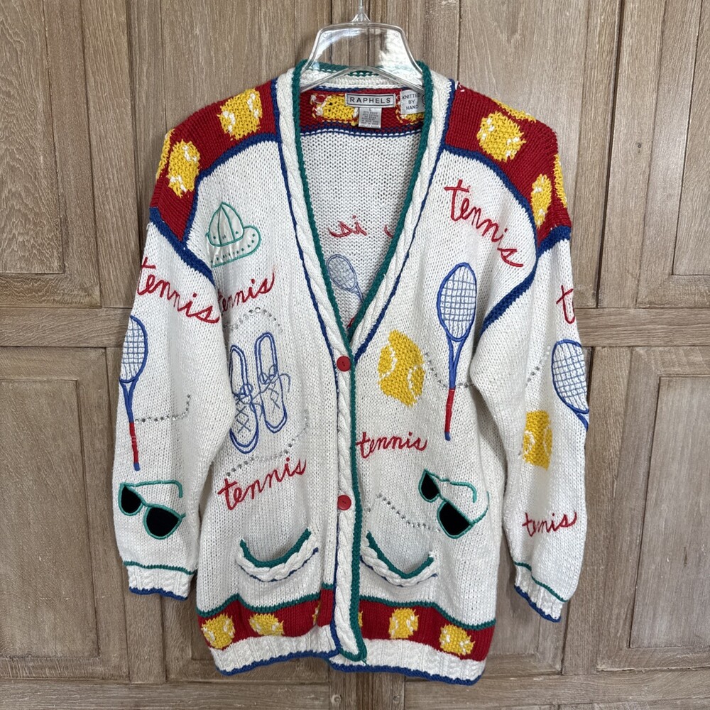 Vintage Raphels Hand Knit Tennis Cardigan Sweater Large 90s Cottagecore Eclectic